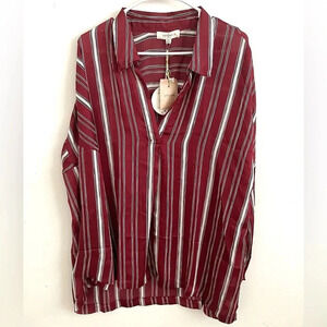 Umgee Blouse tunic Women’s Burgundy Striped  V-Neck Long Sleeve Lightweight